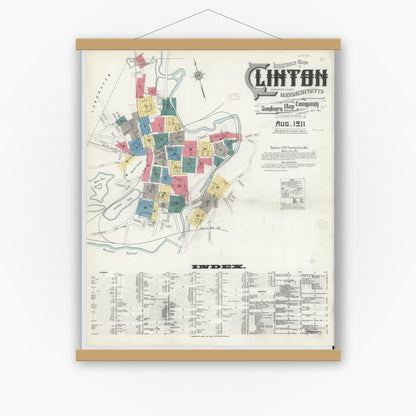 Old map wall art mockup — magnetic wood frame on white wall — Sanborn Fire Insurance Map from Clinton, Worcester County, Massachusetts (1911) - Complete Map Set