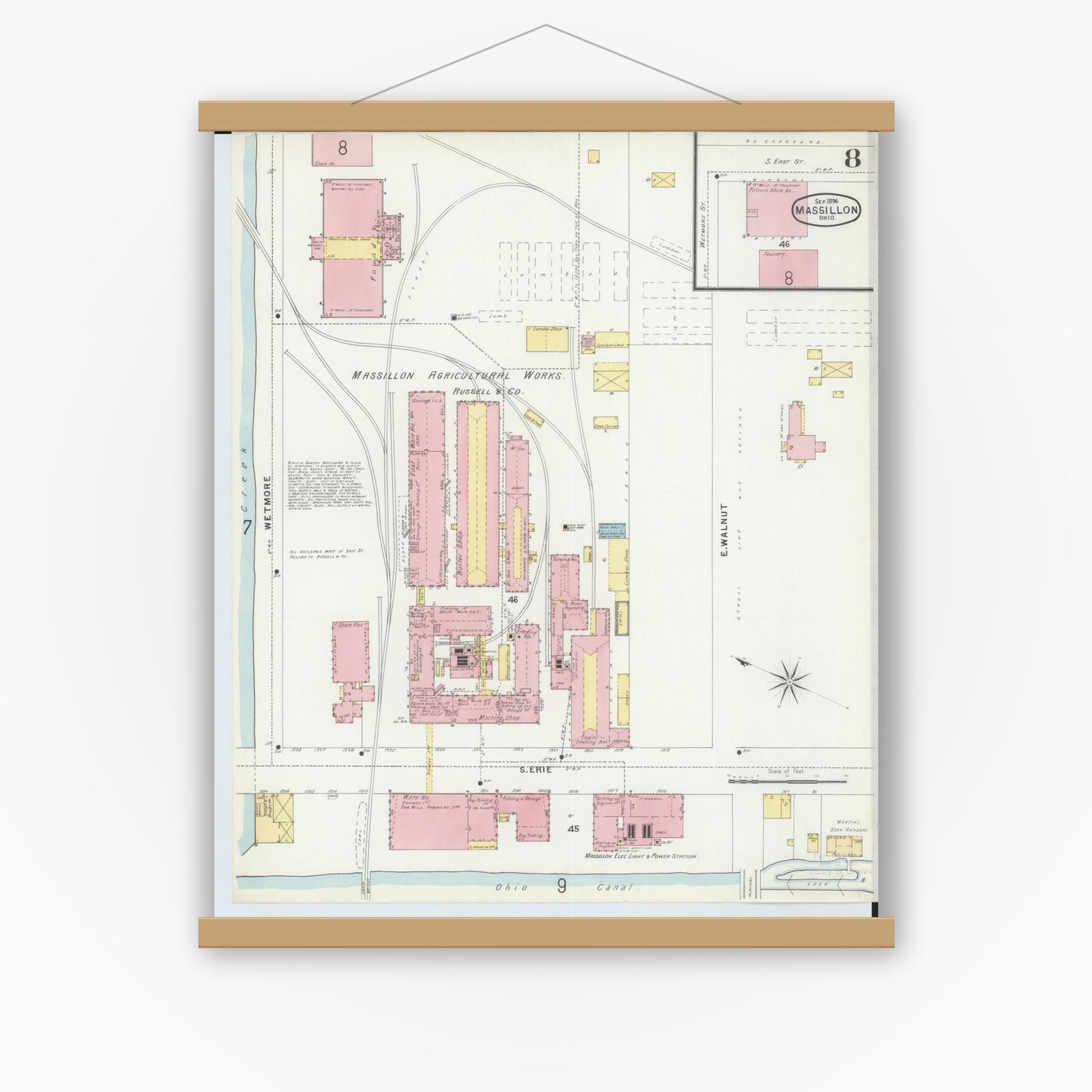 Old map wall art mockup — magnetic wood frame on white wall — Sanborn Fire Insurance Map from Massillon, Stark County, Ohio (1896), Sheet #0008