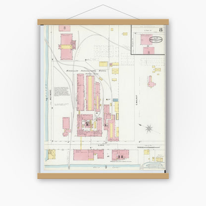 Old map wall art mockup — magnetic wood frame on white wall — Sanborn Fire Insurance Map from Massillon, Stark County, Ohio (1896), Sheet #0008