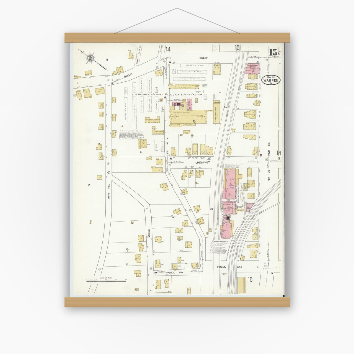 Old map wall art mockup — magnetic wood frame on white wall — Sanborn Fire Insurance Map from Warren, Warren County, Pennsylvania (1912), Sheet #0015