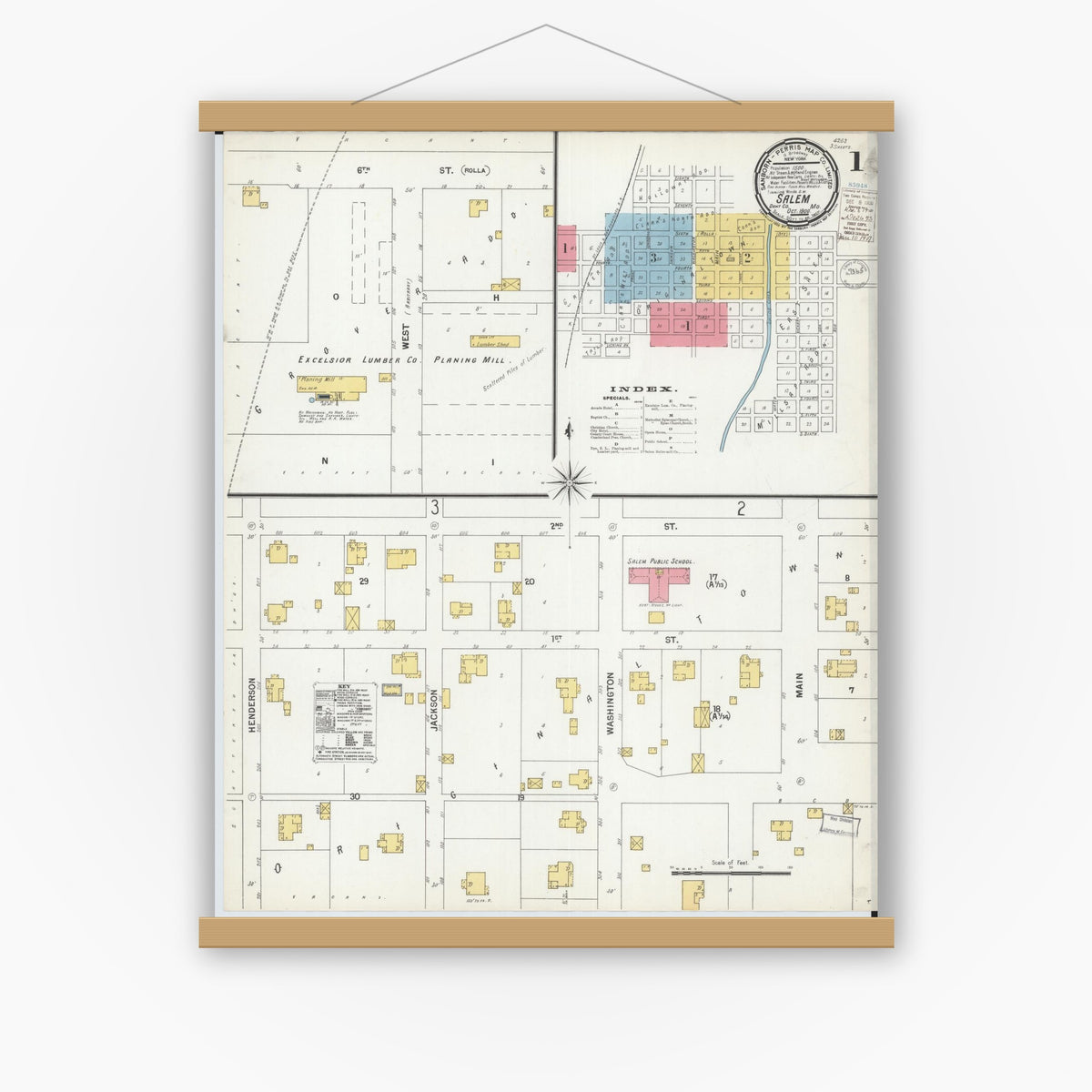 Old map wall art mockup — magnetic wood frame on white wall — Sanborn Fire Insurance Map from Salem, Dent County, Missouri (1900), Sheet #0001