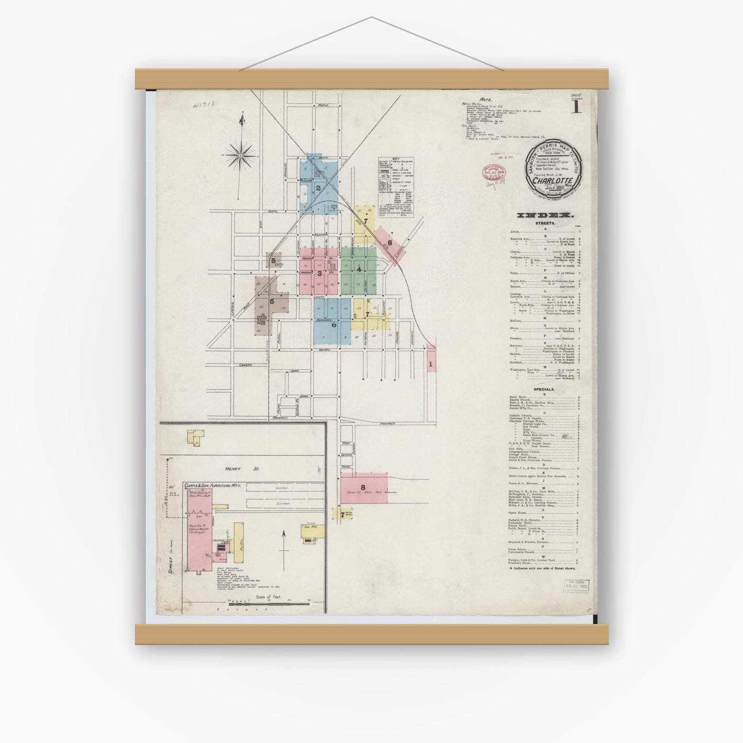 Old map wall art mockup — magnetic wood frame on white wall — Sanborn Fire Insurance Map from Charlotte, Eaton County, Michigan (1895) - Complete Map Set