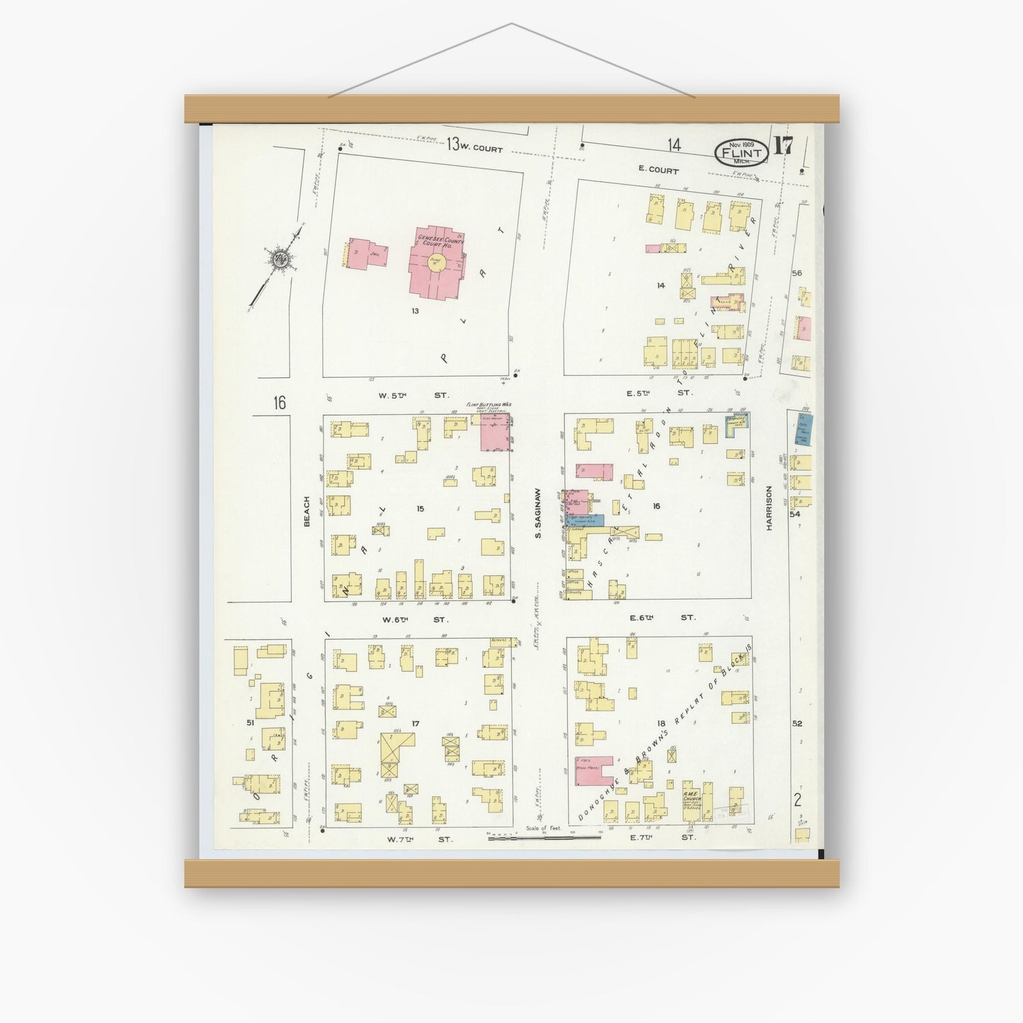 Old map wall art mockup — magnetic wood frame on white wall — Sanborn Fire Insurance Map from Flint, Genesee County, Michigan (1909), Sheet #0017