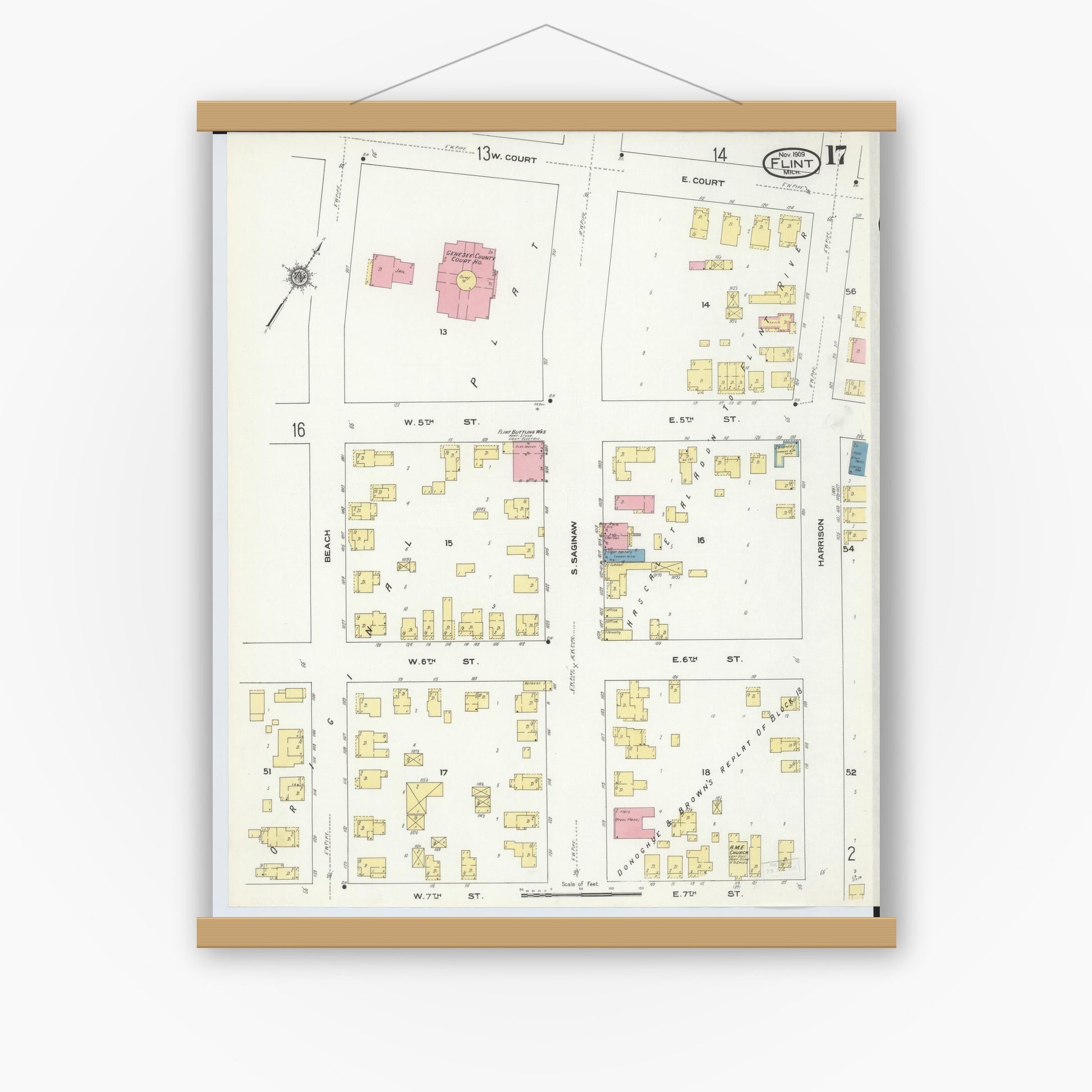 Old map wall art mockup — magnetic wood frame on white wall — Sanborn Fire Insurance Map from Flint, Genesee County, Michigan (1909), Sheet #0017