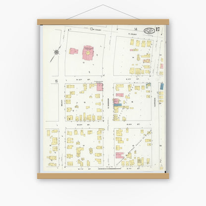 Old map wall art mockup — magnetic wood frame on white wall — Sanborn Fire Insurance Map from Flint, Genesee County, Michigan (1909), Sheet #0017