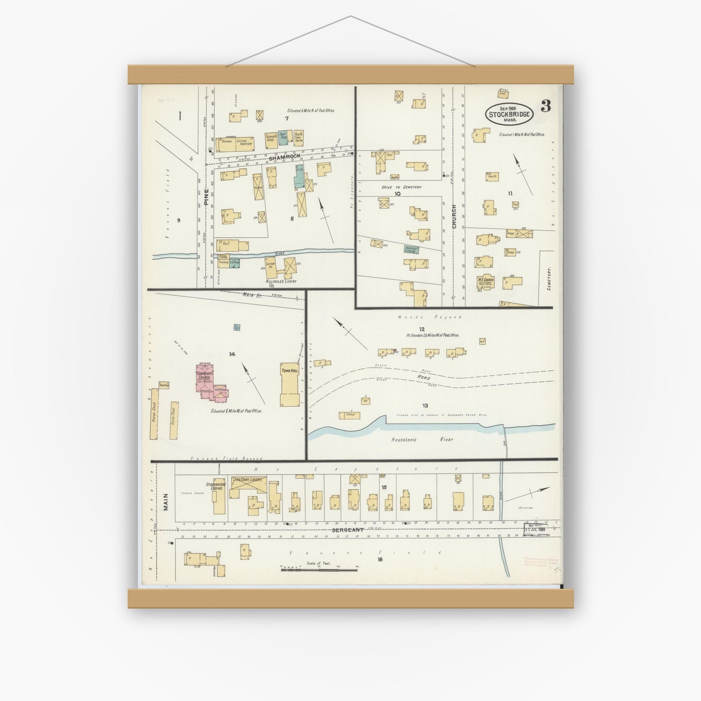 Old map wall art mockup — magnetic wood frame on white wall — Sanborn Fire Insurance Map from Stockbridge, Berkshire County, Massachusetts (1905), Sheet #0003