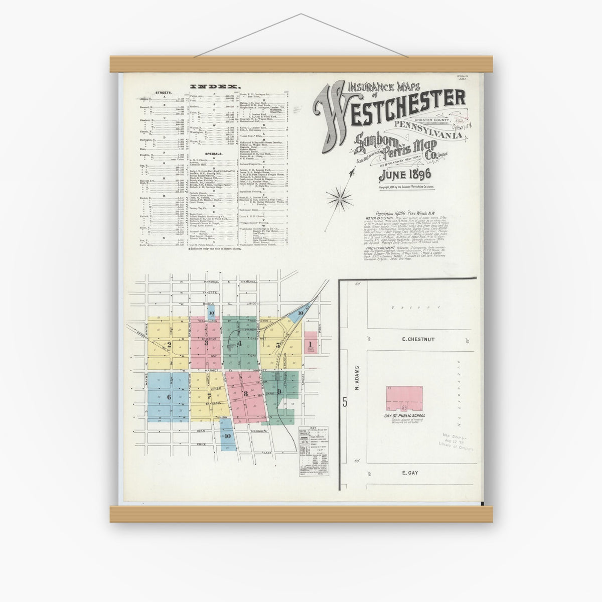 Old map wall art mockup — magnetic wood frame on white wall — Sanborn Fire Insurance Map from West Chester, Chester County, Pennsylvania (1896) - Complete Map Set