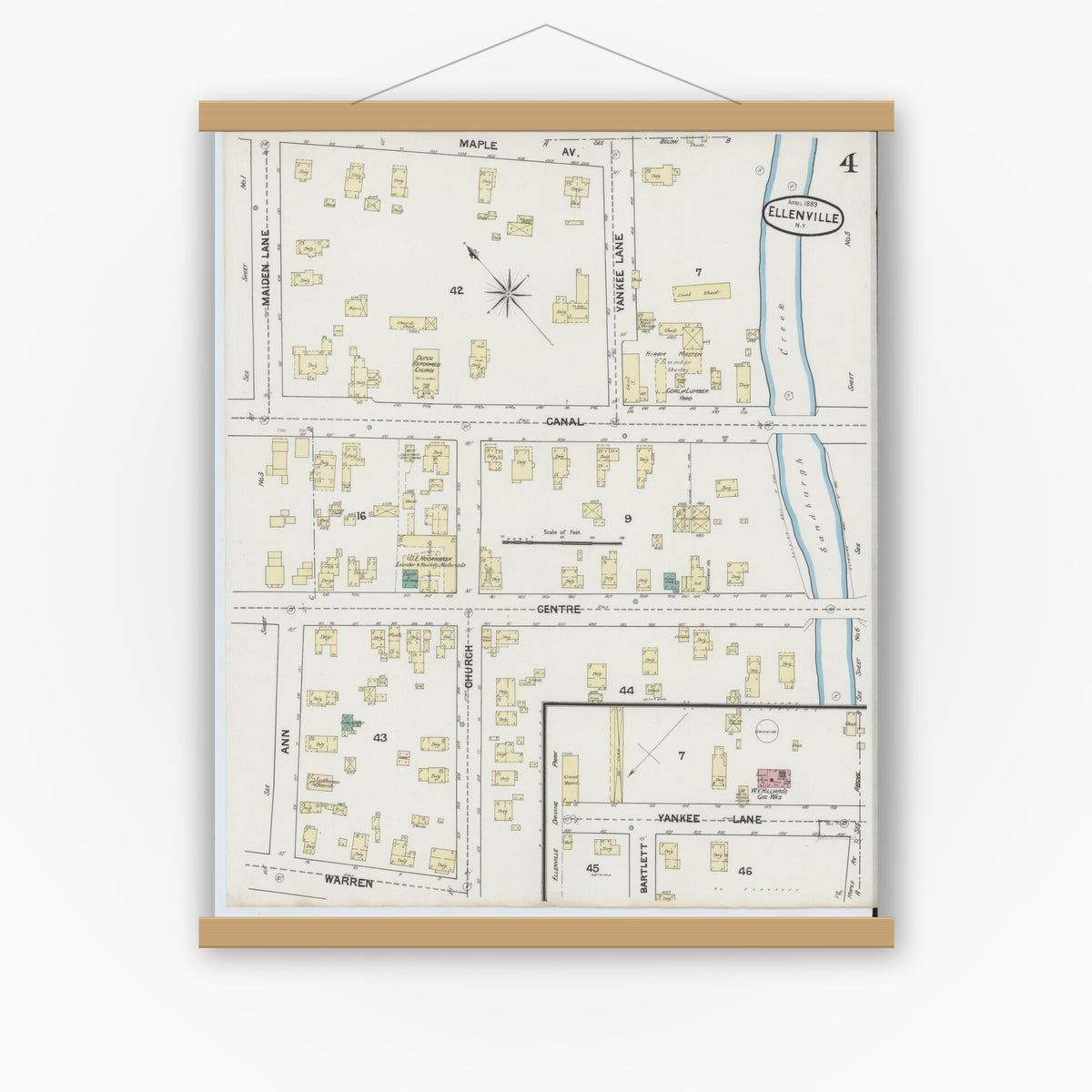 Old map wall art mockup — magnetic wood frame on white wall — Sanborn Fire Insurance Map from Ellenville, Ulster County, New York (1889), Sheet #0004
