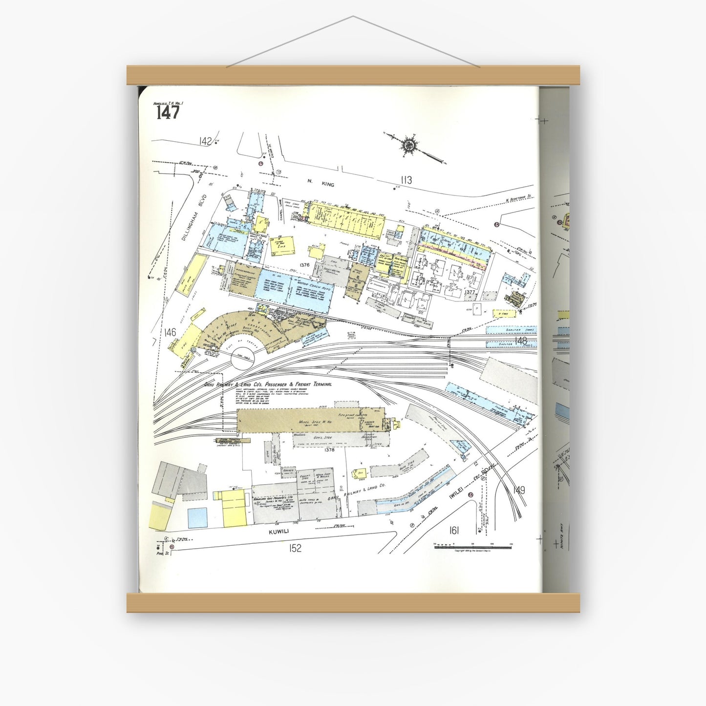 Old map wall art mockup — magnetic wood frame on white wall — Sanborn Fire Insurance Map from Honolulu, Oahu County, Hawaii (1955), Sheet #0147