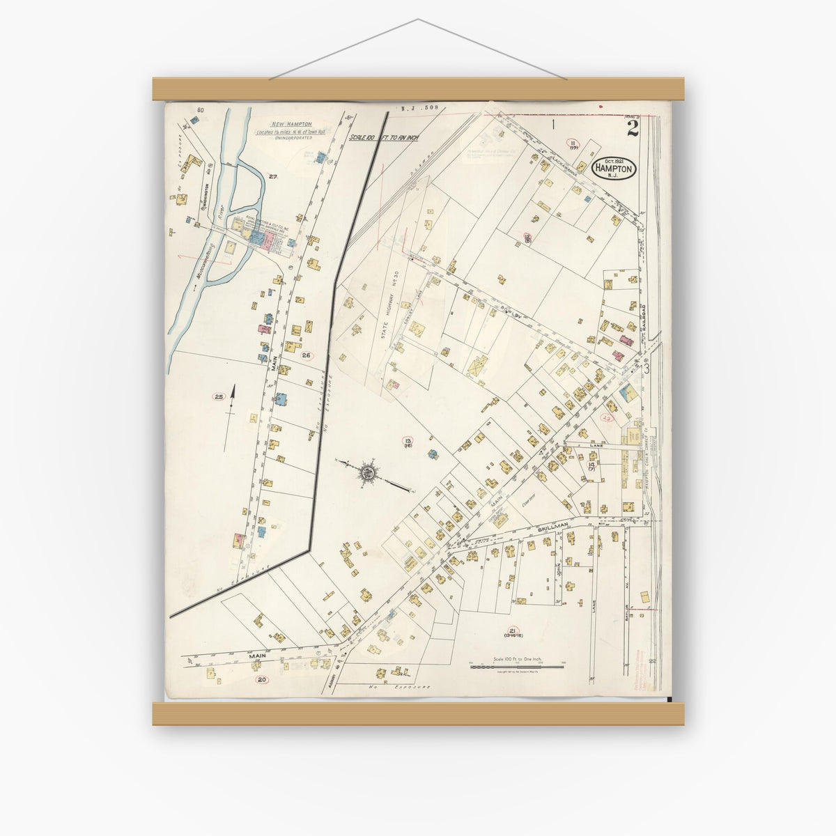 Old map wall art mockup — magnetic wood frame on white wall — Sanborn Fire Insurance Map from Hampton, Hunterdon County, New Jersey (1936), Sheet #0002