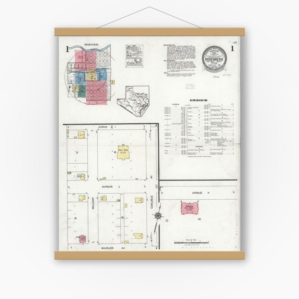 Old map wall art mockup — magnetic wood frame on white wall — Sanborn Fire Insurance Map from Rosenberg, Fort Bend County, Texas (1926), Sheet #0001