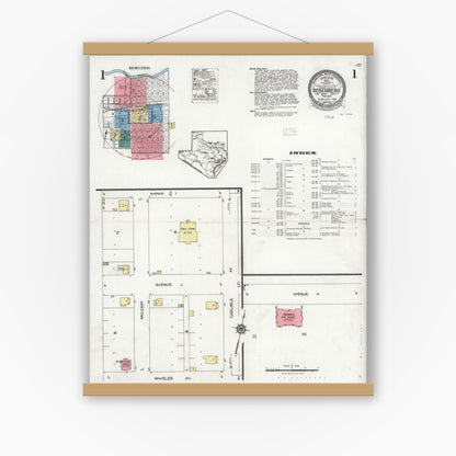Old map wall art mockup — magnetic wood frame on white wall — Sanborn Fire Insurance Map from Rosenberg, Fort Bend County, Texas (1926), Sheet #0001