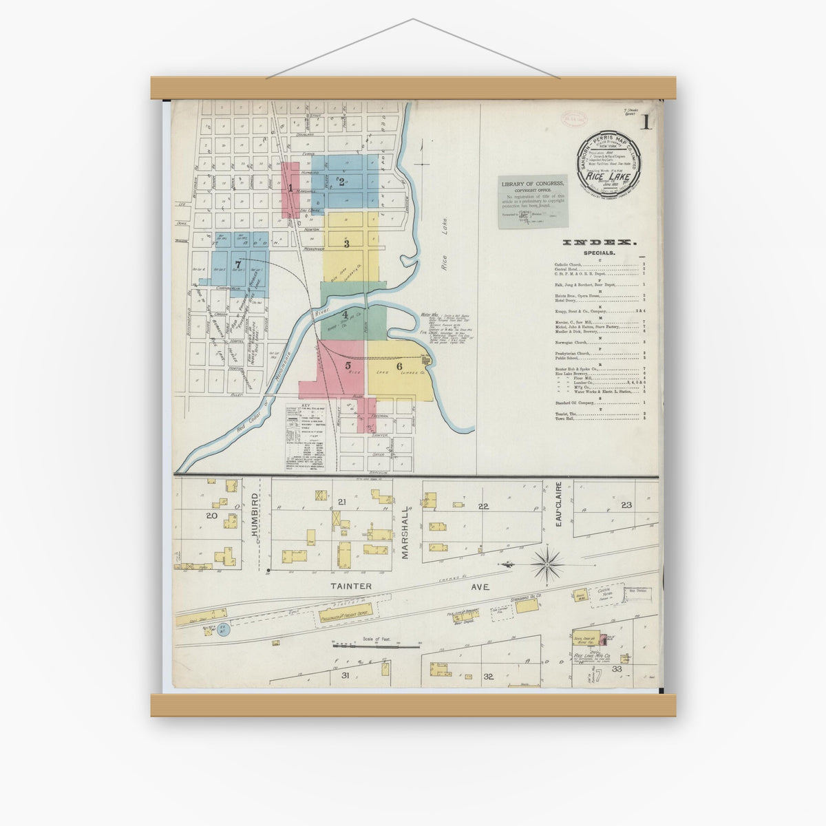 Old map wall art mockup — magnetic wood frame on white wall — Sanborn Fire Insurance Map from Rice Lake, Barron County, Wisconsin (1893) - Complete Map Set