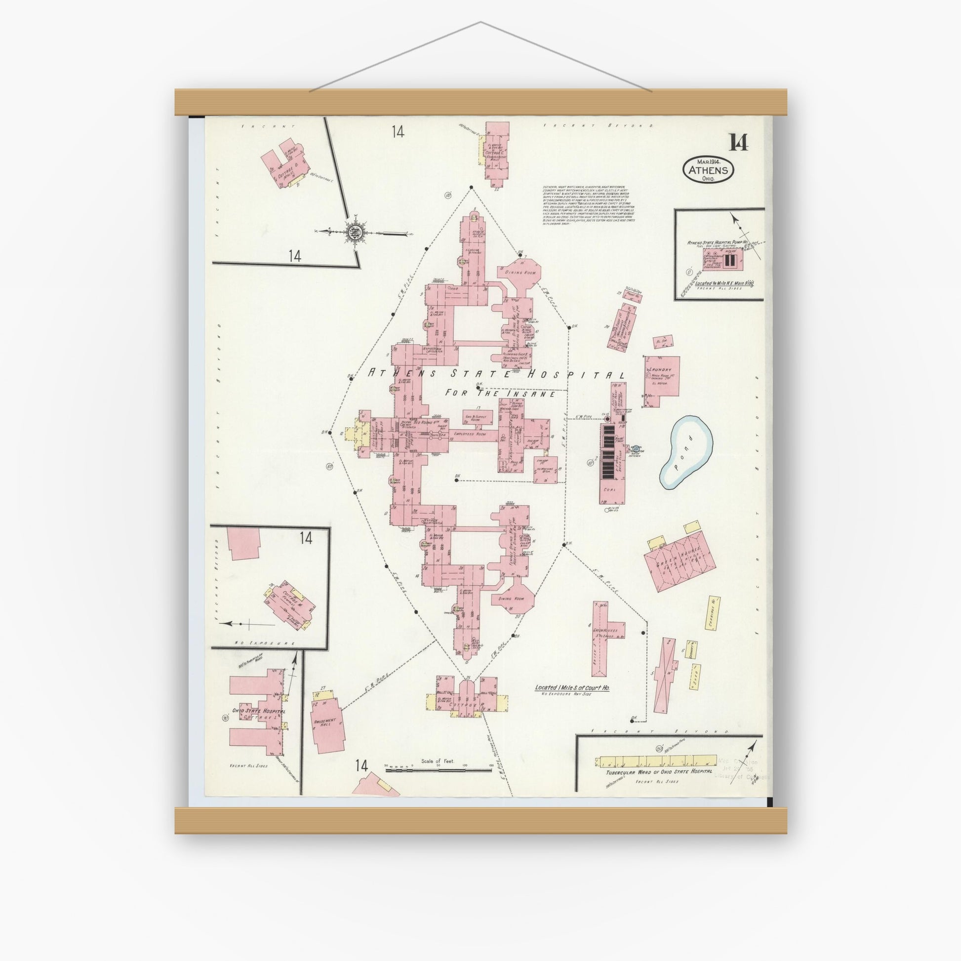 Old map wall art mockup — magnetic wood frame on white wall — Sanborn Fire Insurance Map from Athens, Athens County, Ohio (1914), Sheet #0014