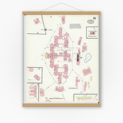 Old map wall art mockup — magnetic wood frame on white wall — Sanborn Fire Insurance Map from Athens, Athens County, Ohio (1914), Sheet #0014