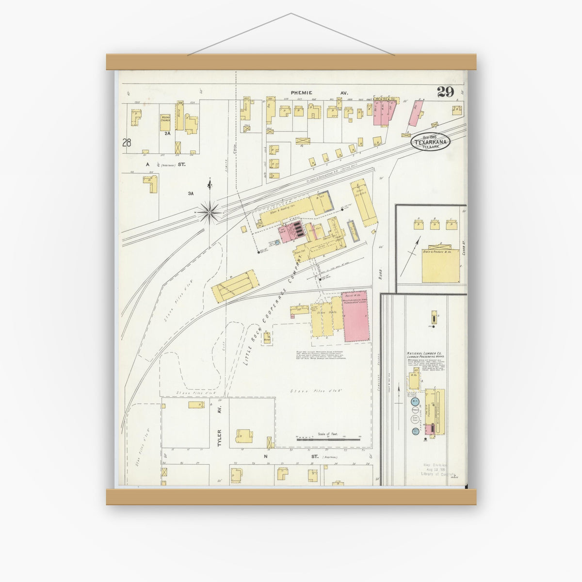 Old map wall art mockup — magnetic wood frame on white wall — Sanborn Fire Insurance Map from Texarkana, Bowie County, Texas (1905), Sheet #0029