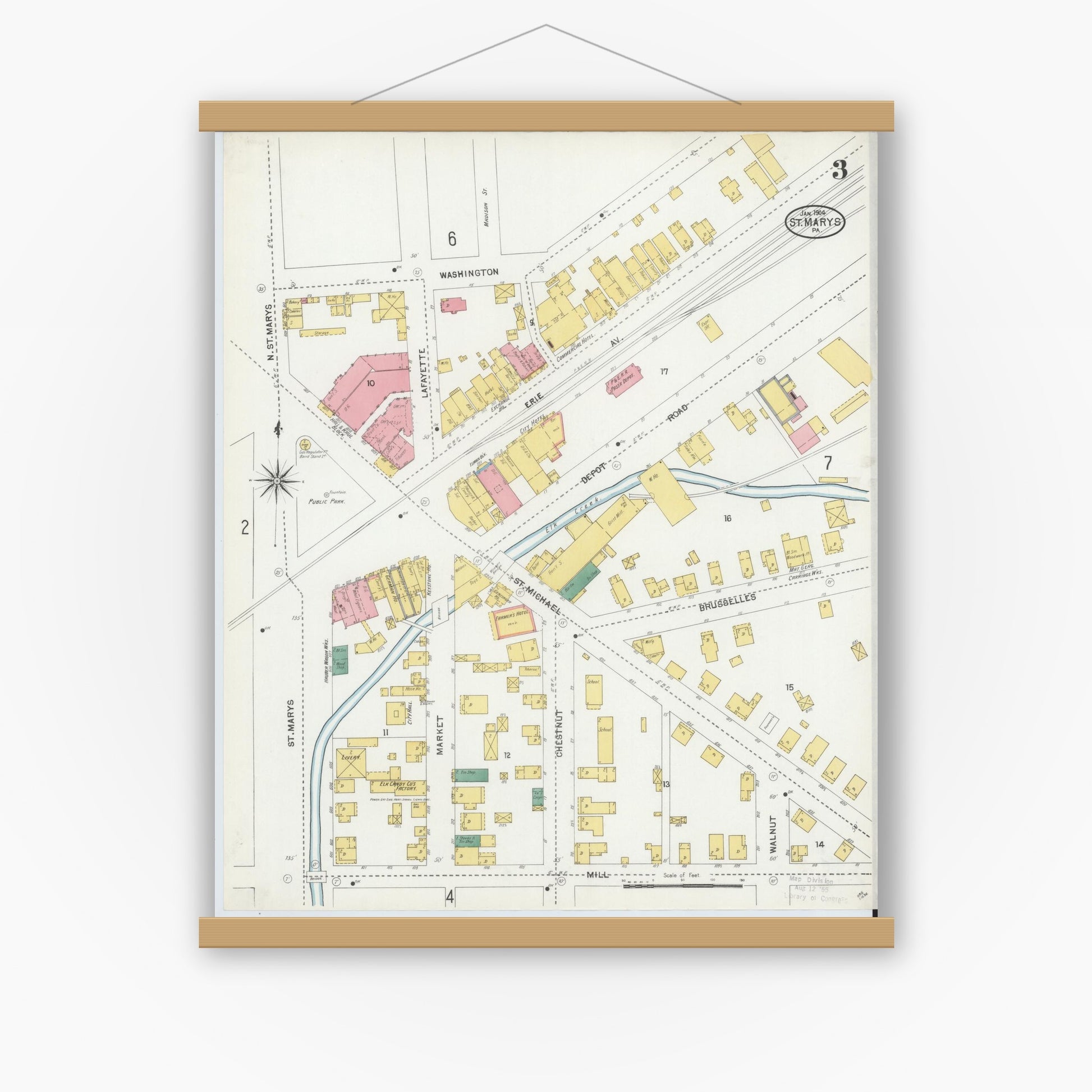 Old map wall art mockup — magnetic wood frame on white wall — Sanborn Fire Insurance Map from Saint Marys, Elk County, Pennsylvania (1904), Sheet #0003