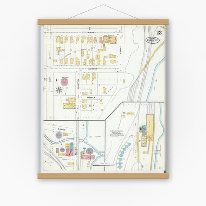 Old map wall art mockup — magnetic wood frame on white wall — Sanborn Fire Insurance Map from Marquette, Marquette County, Michigan (1904), Sheet #0013