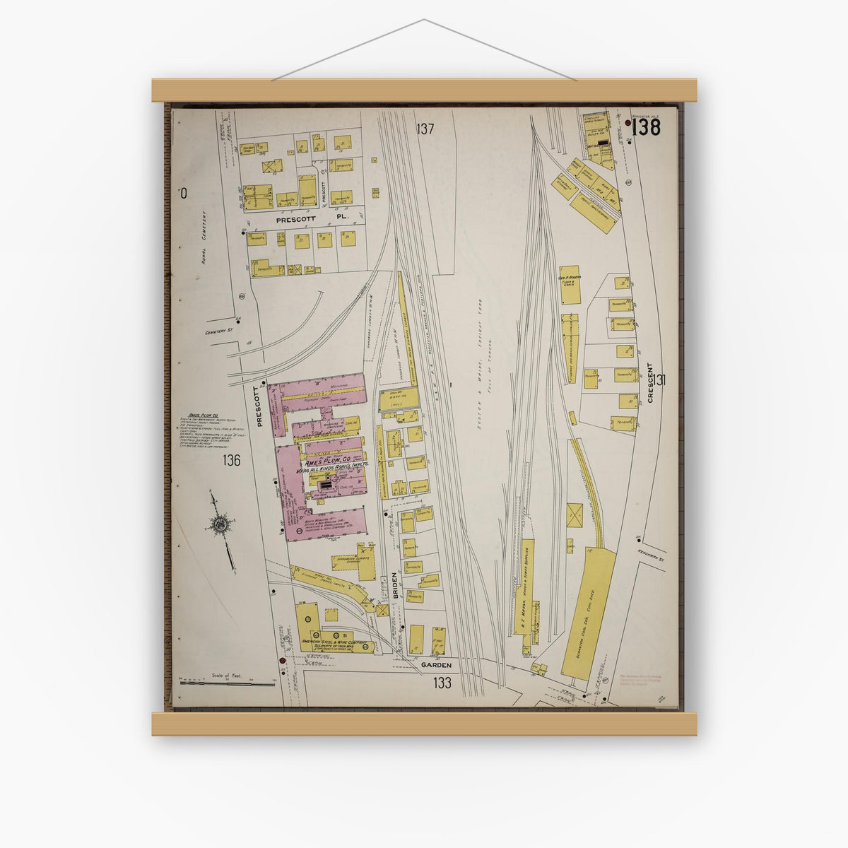 Old map wall art mockup — magnetic wood frame on white wall — Sanborn Fire Insurance Map from Worcester, Worcester County, Massachusetts (1910), Sheet #0138