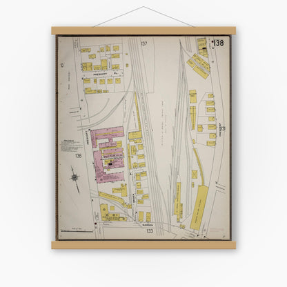 Old map wall art mockup — magnetic wood frame on white wall — Sanborn Fire Insurance Map from Worcester, Worcester County, Massachusetts (1910), Sheet #0138