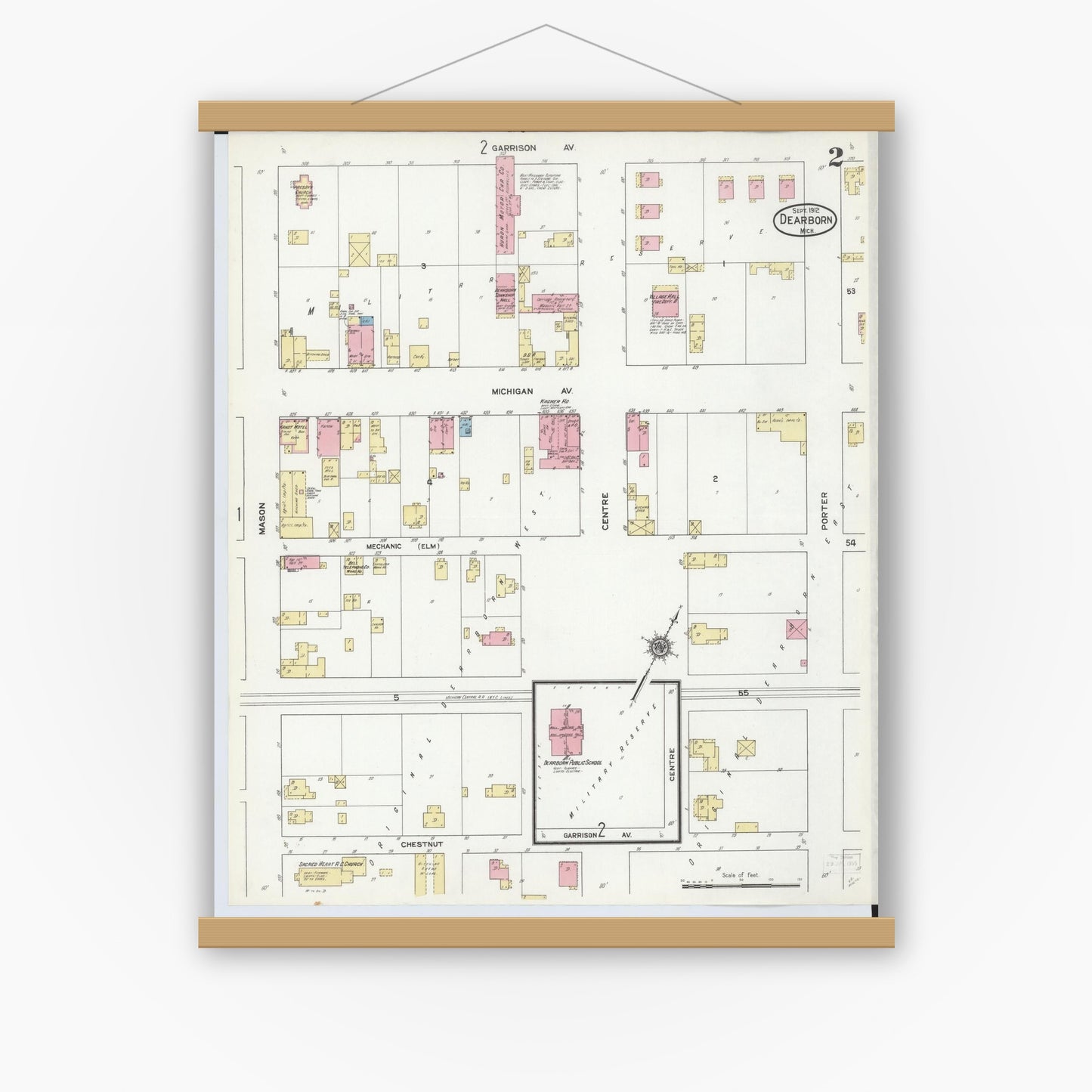 Old map wall art mockup — magnetic wood frame on white wall — Sanborn Fire Insurance Map from Dearborn, Wayne County, Michigan (1912), Sheet #0002