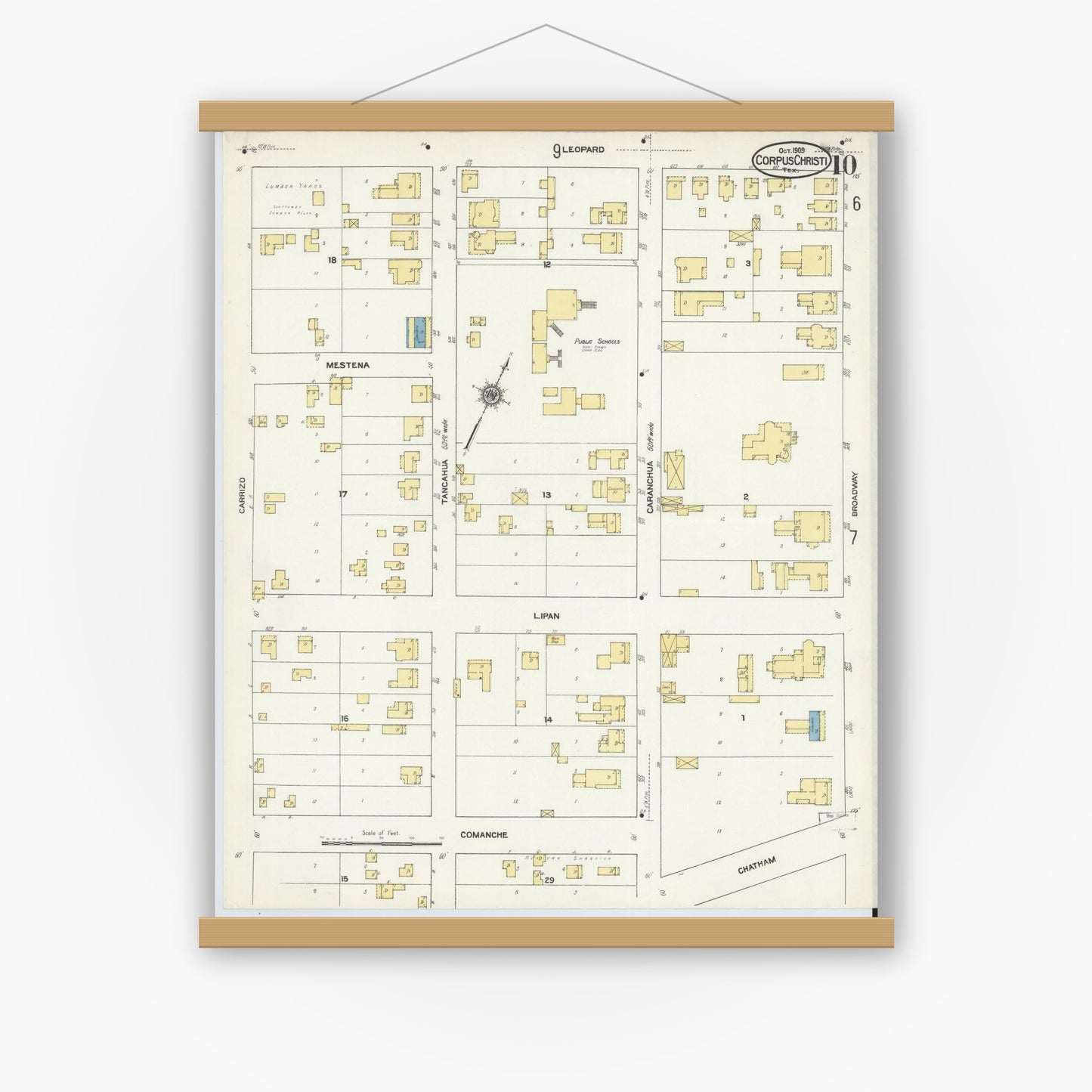 Old map wall art mockup — magnetic wood frame on white wall — Sanborn Fire Insurance Map from Corpus Christi, Nueces County, Texas (1909), Sheet #0010