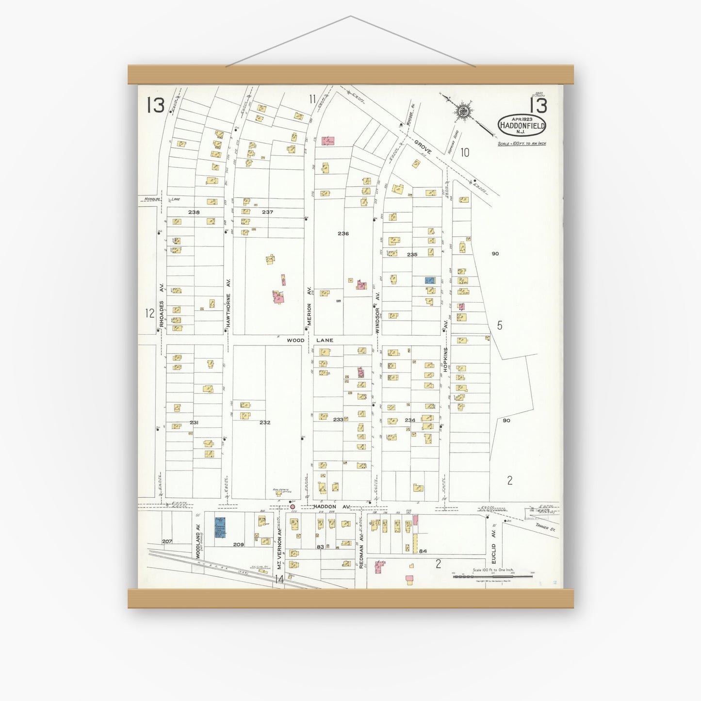 Old map wall art mockup — magnetic wood frame on white wall — Sanborn Fire Insurance Map from Haddonfield, Camden County, New Jersey (1923), Sheet #0013