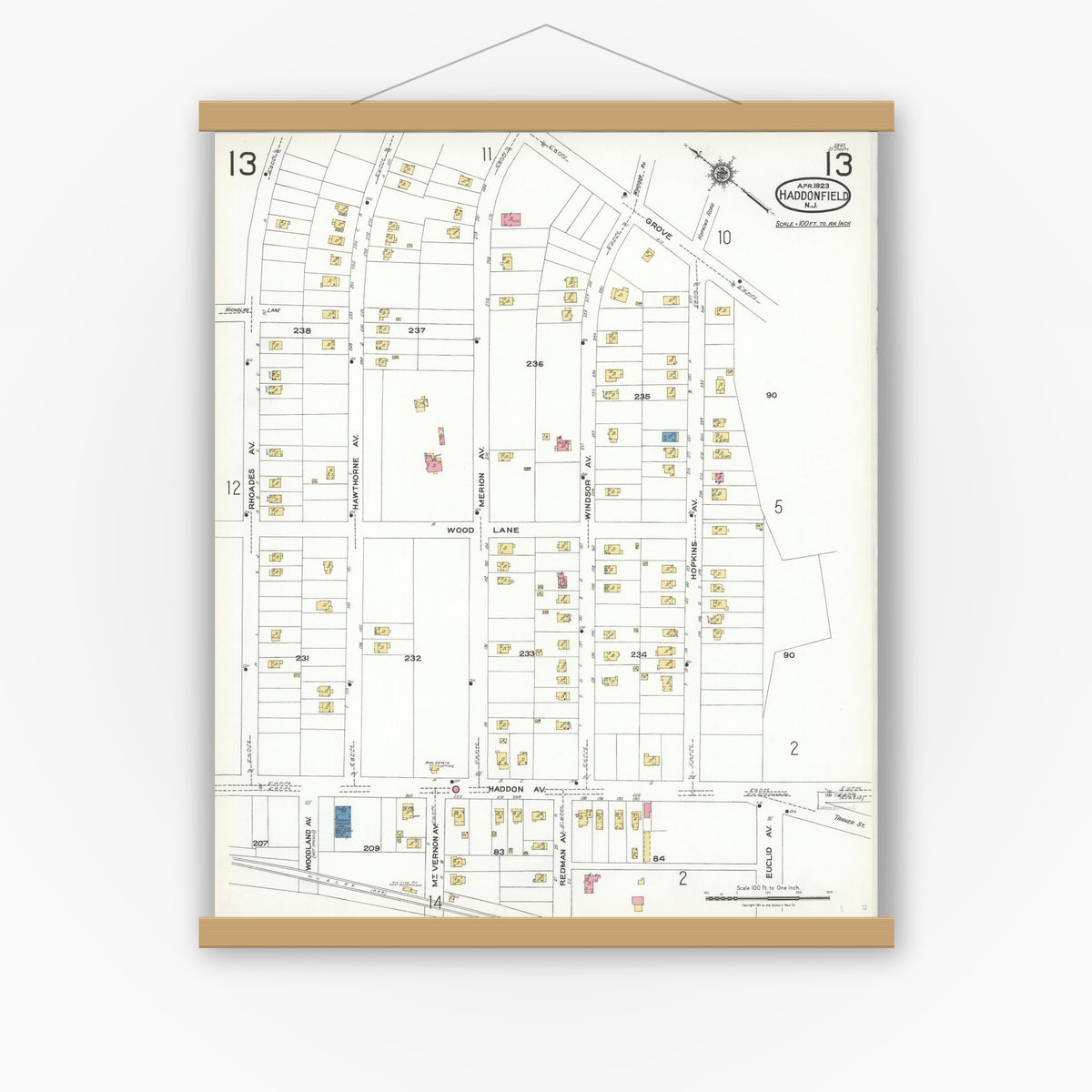 Old map wall art mockup — magnetic wood frame on white wall — Sanborn Fire Insurance Map from Haddonfield, Camden County, New Jersey (1923), Sheet #0013