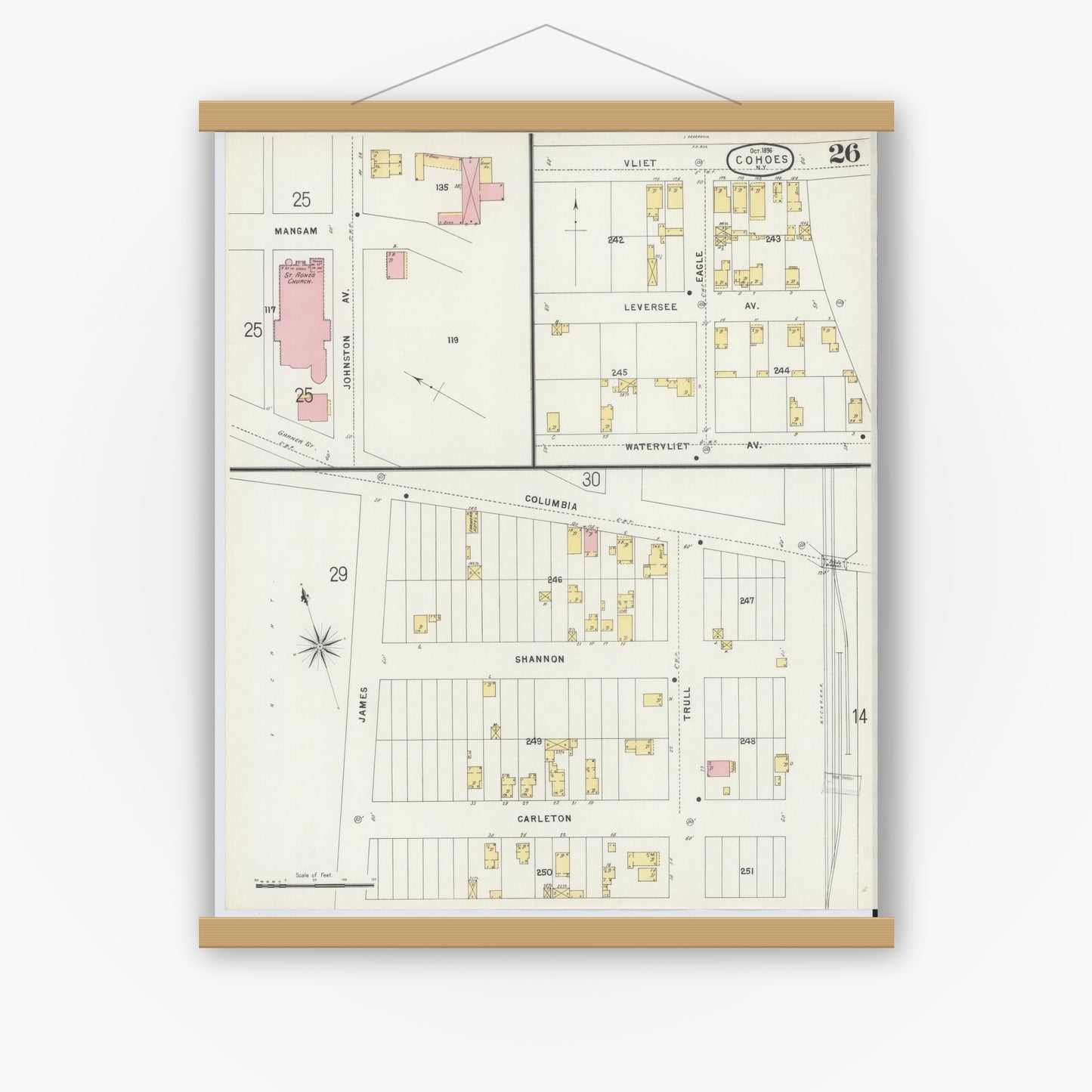 Old map wall art mockup — magnetic wood frame on white wall — Sanborn Fire Insurance Map from Cohoes, Albany County, New York (1896), Sheet #0026