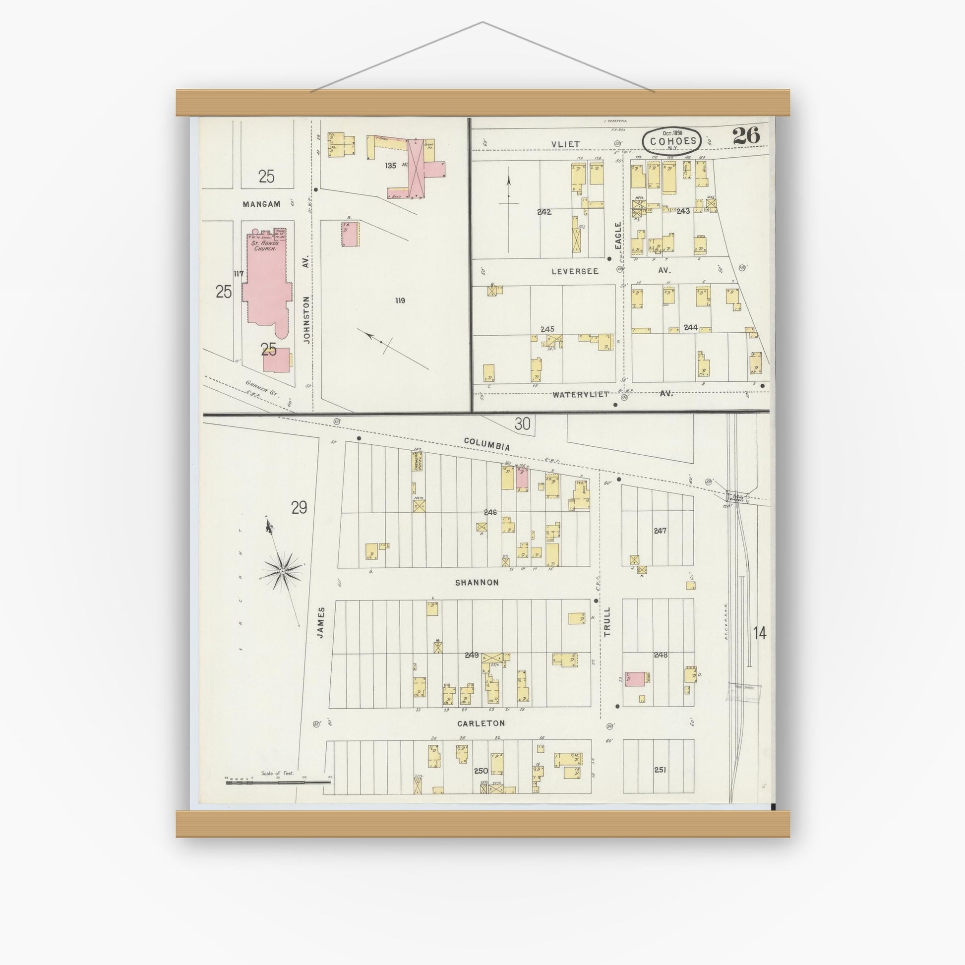 Old map wall art mockup — magnetic wood frame on white wall — Sanborn Fire Insurance Map from Cohoes, Albany County, New York (1896), Sheet #0026