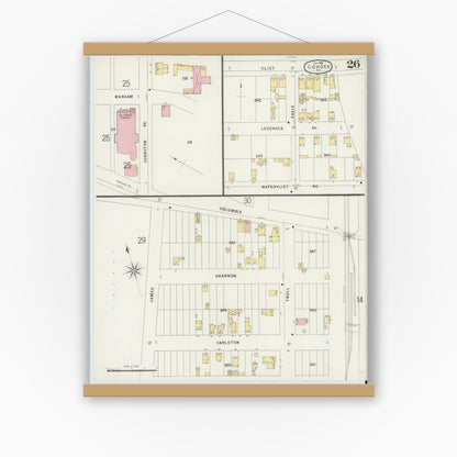 Old map wall art mockup — magnetic wood frame on white wall — Sanborn Fire Insurance Map from Cohoes, Albany County, New York (1896), Sheet #0026