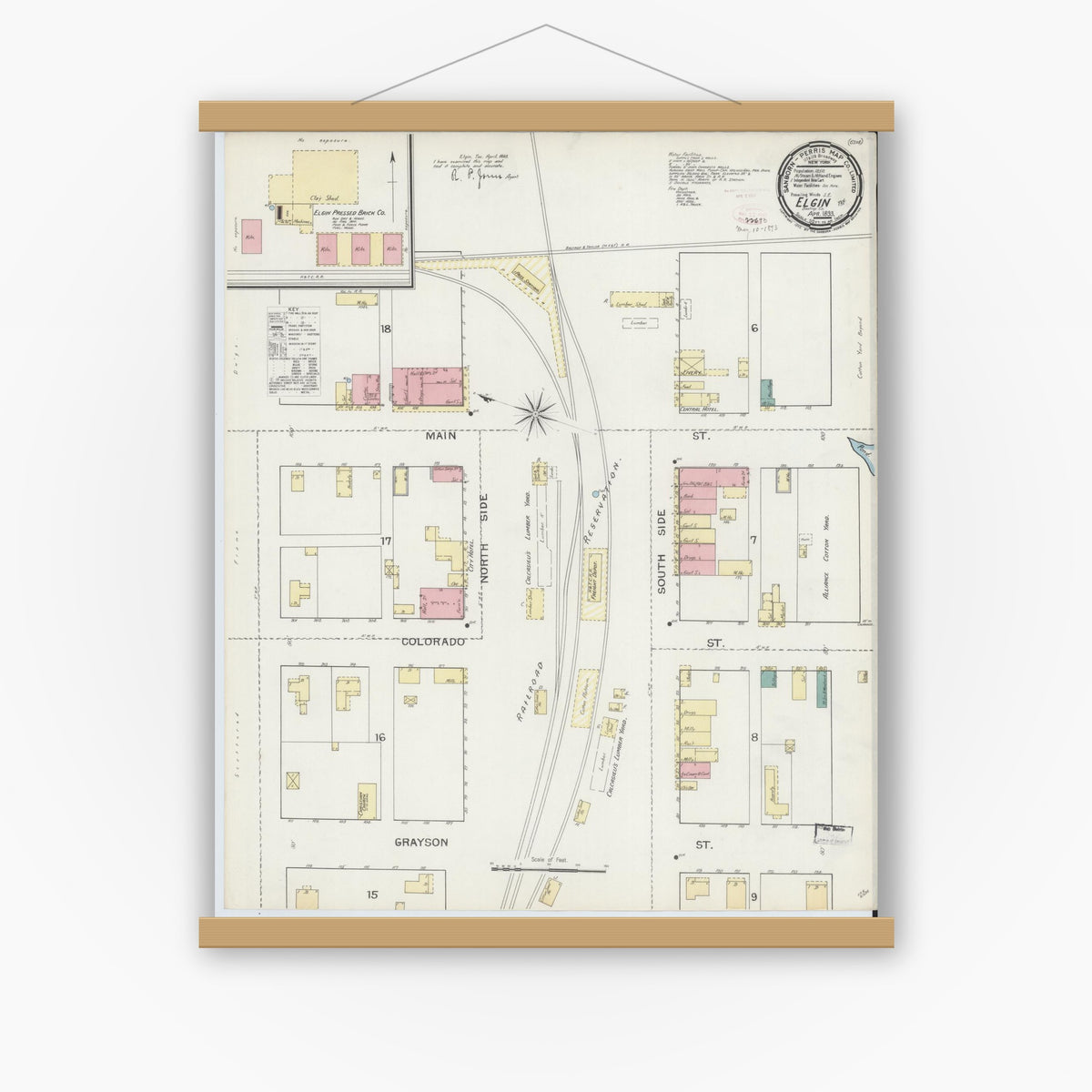 Old map wall art mockup — magnetic wood frame on white wall — Sanborn Fire Insurance Map from Elgin, Bastrop County, Texas (1893), Sheet #0001