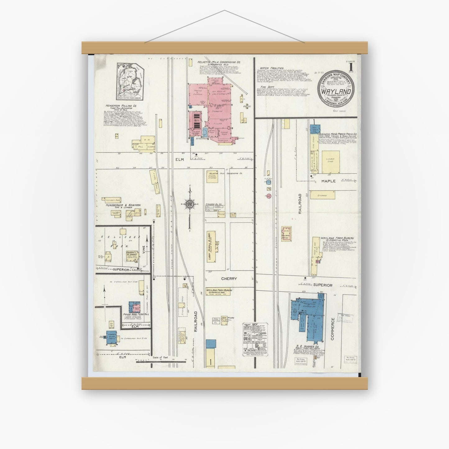 Old map wall art mockup — magnetic wood frame on white wall — Sanborn Fire Insurance Map from Wayland, Allegan County, Michigan (1921) - Complete Map Set