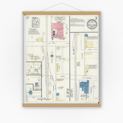 Old map wall art mockup — magnetic wood frame on white wall — Sanborn Fire Insurance Map from Wayland, Allegan County, Michigan (1921) - Complete Map Set