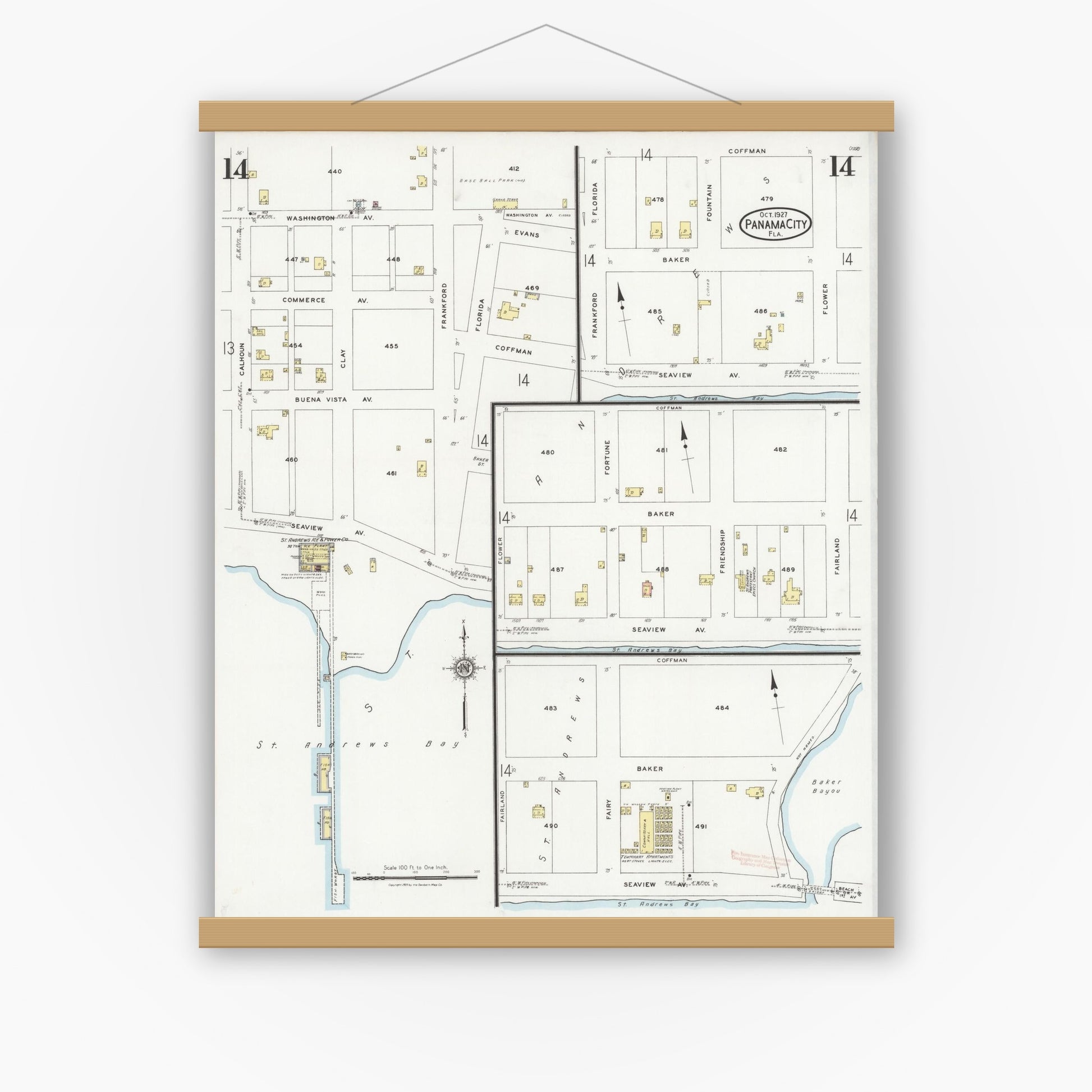 Old map wall art mockup — magnetic wood frame on white wall — Sanborn Fire Insurance Map from Panama City, Bay County, Florida (1927), Sheet #0014
