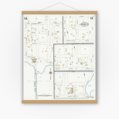 Old map wall art mockup — magnetic wood frame on white wall — Sanborn Fire Insurance Map from Panama City, Bay County, Florida (1927), Sheet #0014
