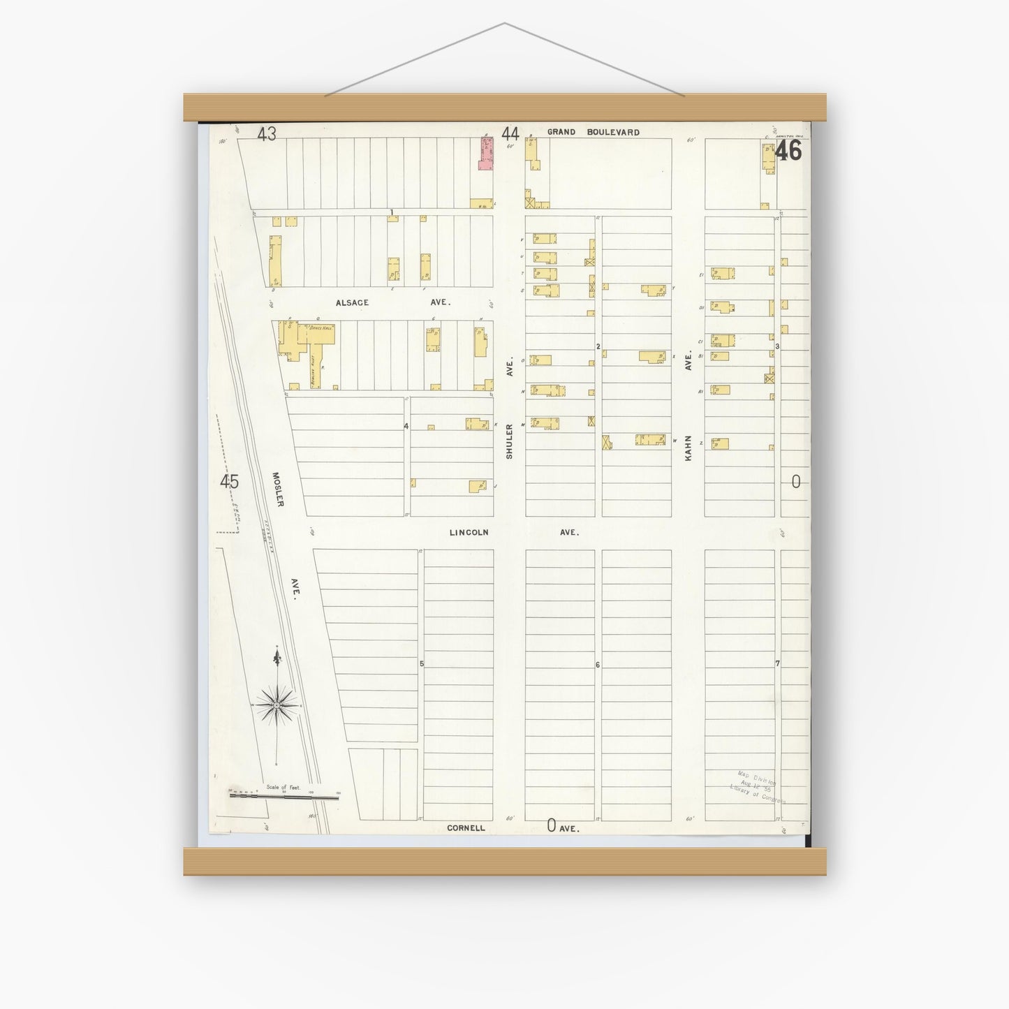 Old map wall art mockup — magnetic wood frame on white wall — Sanborn Fire Insurance Map from Hamilton, Butler County, Ohio (1899), Sheet #0046