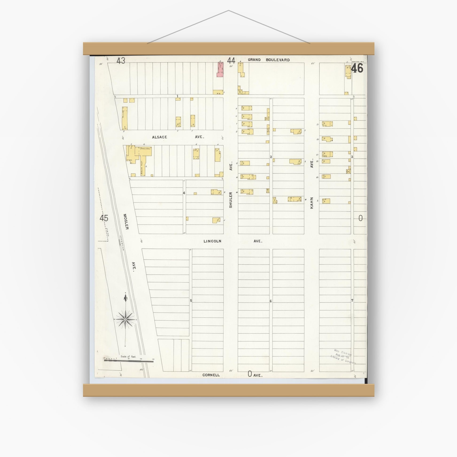 Old map wall art mockup — magnetic wood frame on white wall — Sanborn Fire Insurance Map from Hamilton, Butler County, Ohio (1899), Sheet #0046