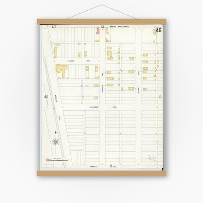 Old map wall art mockup — magnetic wood frame on white wall — Sanborn Fire Insurance Map from Hamilton, Butler County, Ohio (1899), Sheet #0046