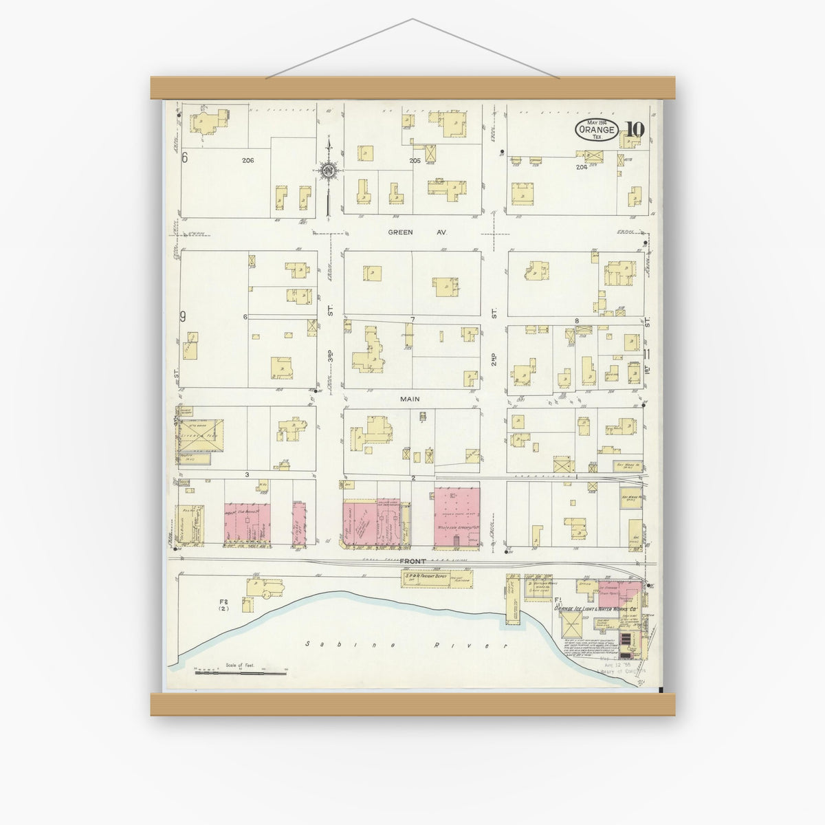 Old map wall art mockup — magnetic wood frame on white wall — Sanborn Fire Insurance Map from Orange, Orange County, Texas (1914), Sheet #0010