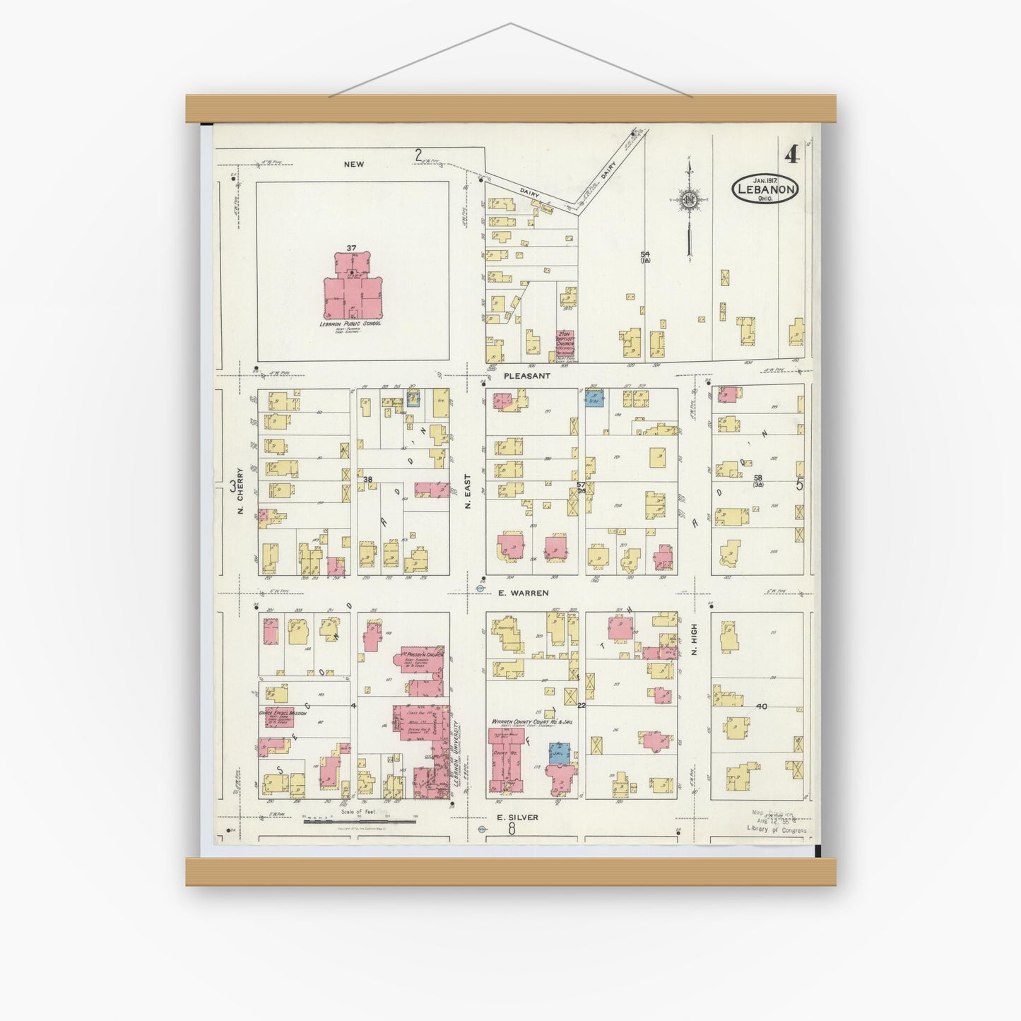 Old map wall art mockup — magnetic wood frame on white wall — Sanborn Fire Insurance Map from Lebanon, Warren County, Ohio (1917), Sheet #0004