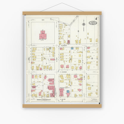 Old map wall art mockup — magnetic wood frame on white wall — Sanborn Fire Insurance Map from Lebanon, Warren County, Ohio (1917), Sheet #0004