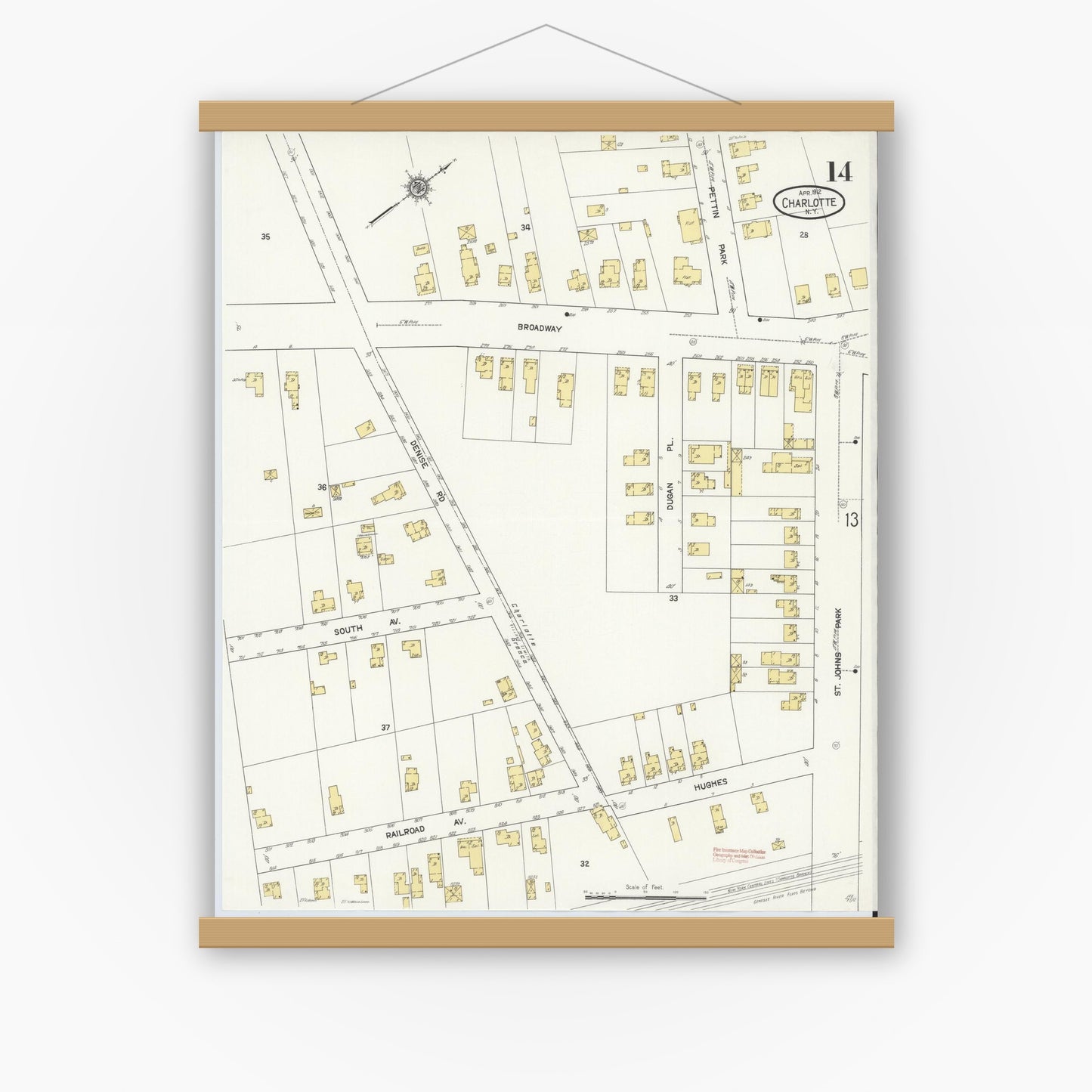 Old map wall art mockup — magnetic wood frame on white wall — Sanborn Fire Insurance Map from Charlotte, Monroe County, New York (1912), Sheet #0014