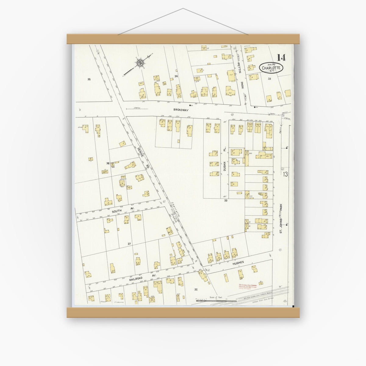 Old map wall art mockup — magnetic wood frame on white wall — Sanborn Fire Insurance Map from Charlotte, Monroe County, New York (1912), Sheet #0014