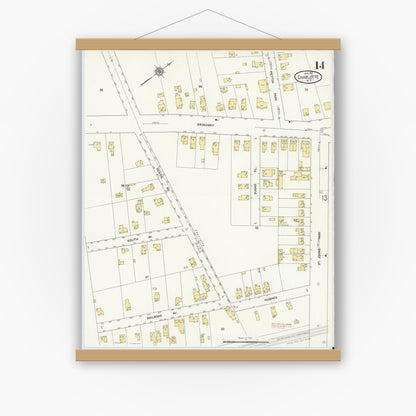 Old map wall art mockup — magnetic wood frame on white wall — Sanborn Fire Insurance Map from Charlotte, Monroe County, New York (1912), Sheet #0014