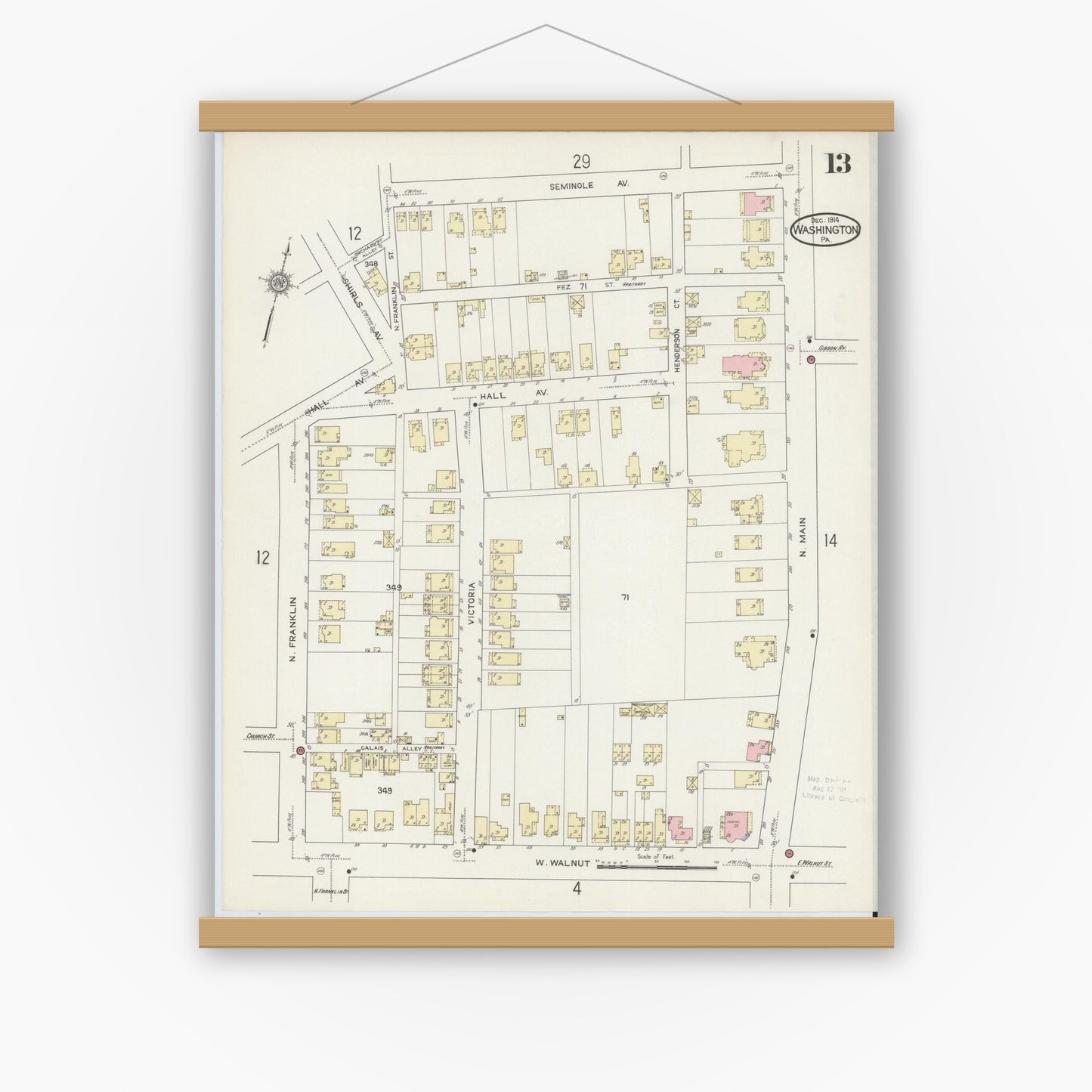 Old map wall art mockup — magnetic wood frame on white wall — Sanborn Fire Insurance Map from Washington, Washington County, Pennsylvania (1914), Sheet #0013