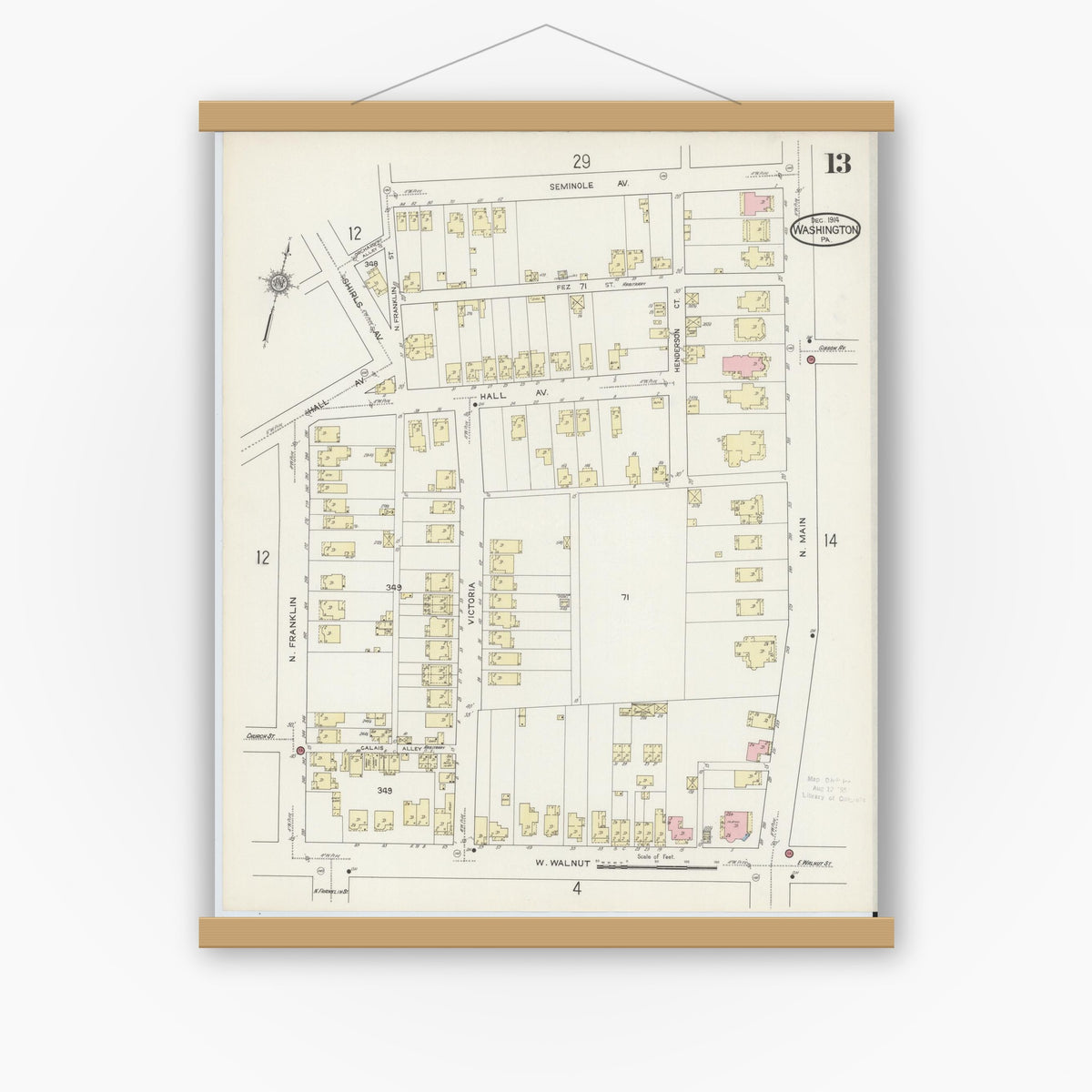 Old map wall art mockup — magnetic wood frame on white wall — Sanborn Fire Insurance Map from Washington, Washington County, Pennsylvania (1914), Sheet #0013