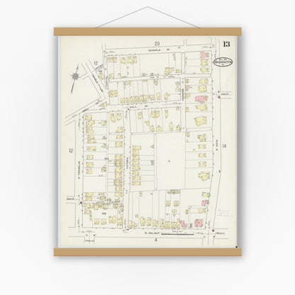 Old map wall art mockup — magnetic wood frame on white wall — Sanborn Fire Insurance Map from Washington, Washington County, Pennsylvania (1914), Sheet #0013