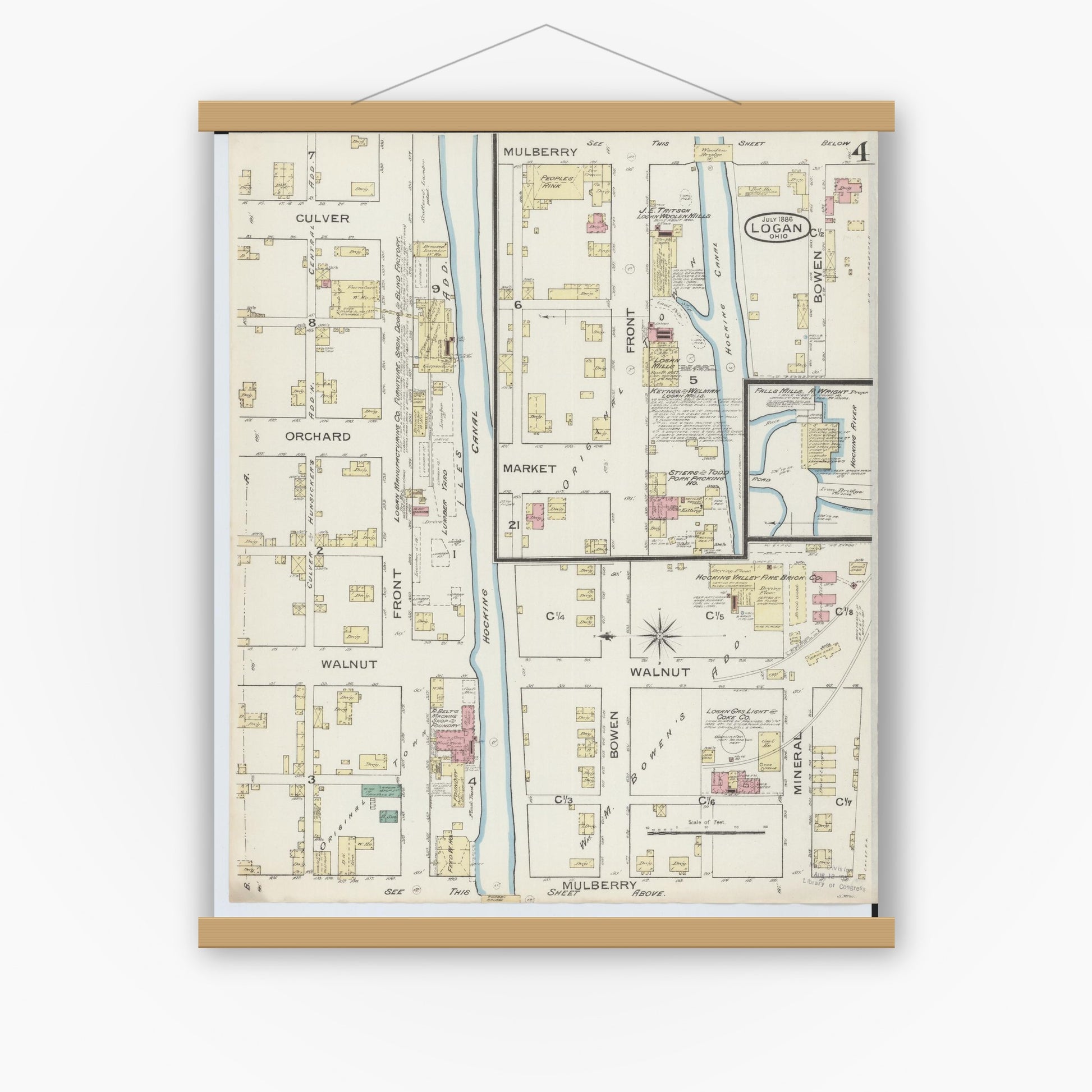 Old map wall art mockup — magnetic wood frame on white wall — Sanborn Fire Insurance Map from Logan, Hocking County, Ohio (1886), Sheet #0004