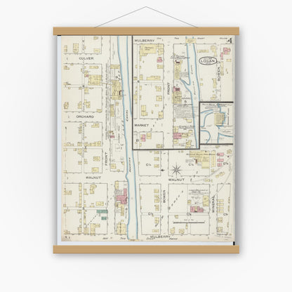 Old map wall art mockup — magnetic wood frame on white wall — Sanborn Fire Insurance Map from Logan, Hocking County, Ohio (1886), Sheet #0004